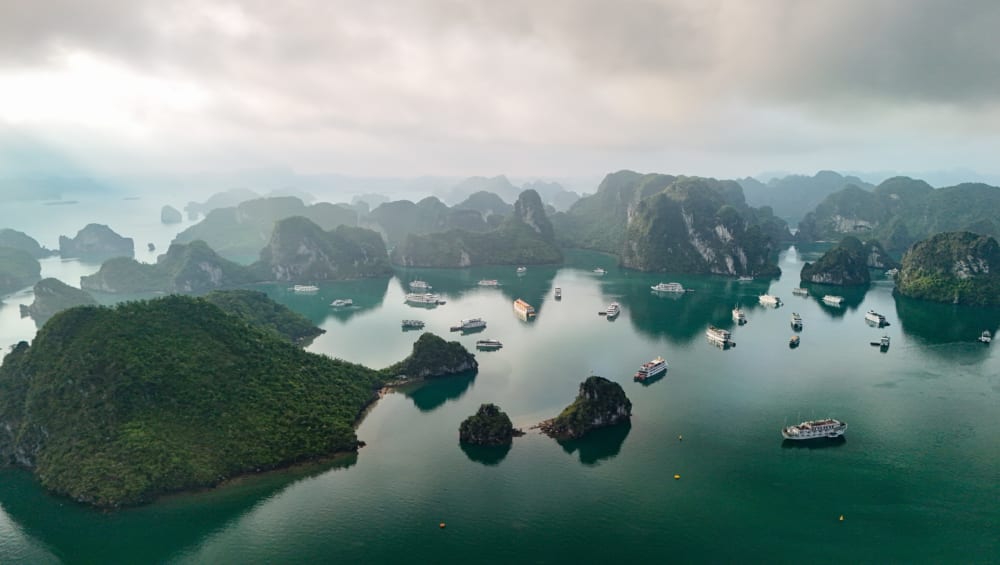 Panoramic view of Halong Bay islands from Ti Top Island
