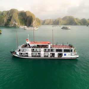 Cruise ship at anchor in green water among forested limestone islands under a soft evening sky